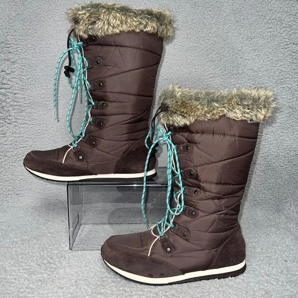 LL Bean Carrabassett Faux Fur Snow Boots Women 8½ M Brown Lace Knee High 284883